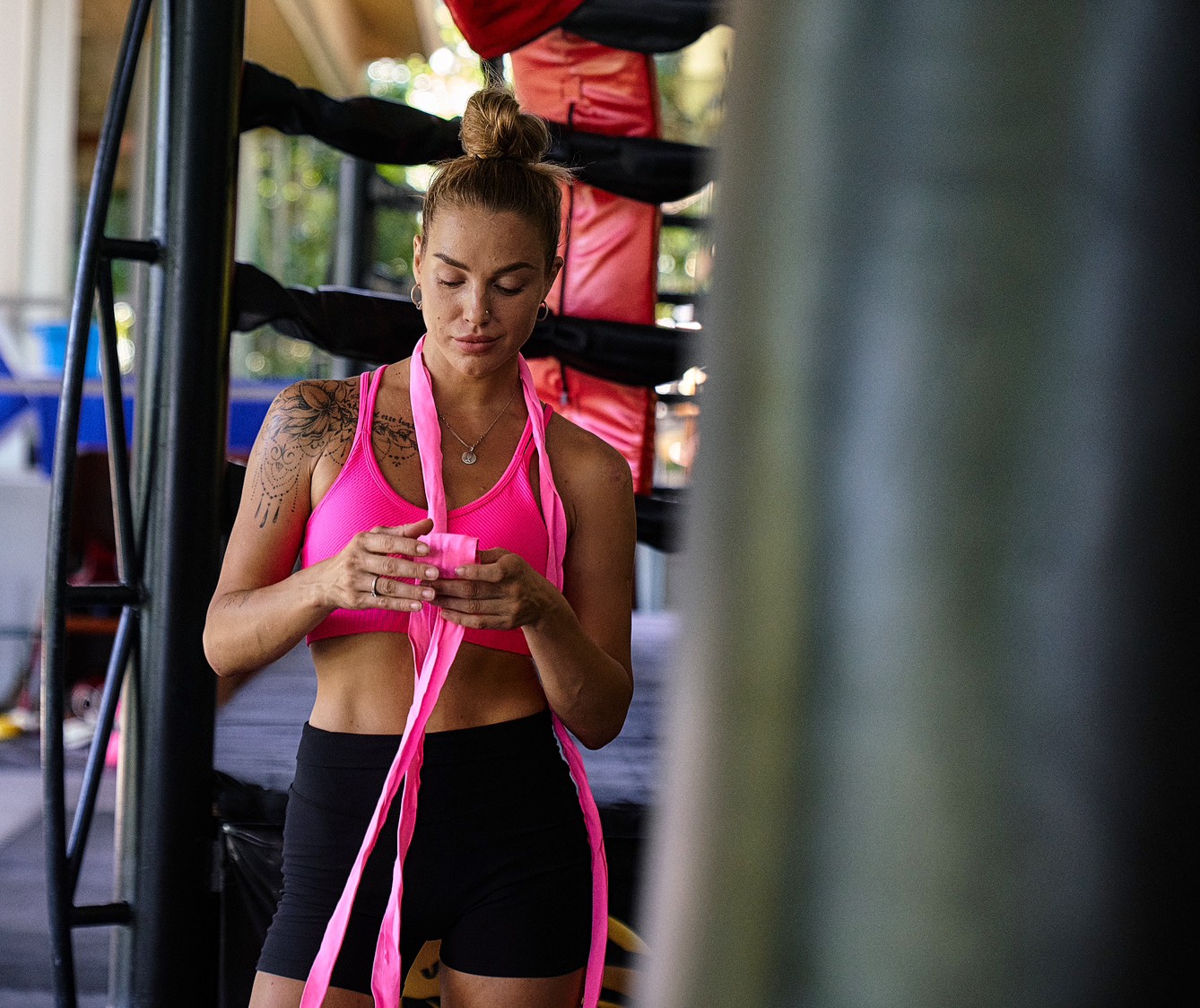 Preparing hand wraps before a first Muay Thai class at Cobra Muay Thai Phuket